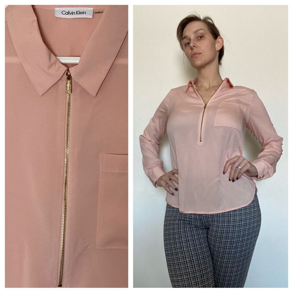 Calvin Klein Blouse Blush Pink Gold Zipper Medium Office Preppy